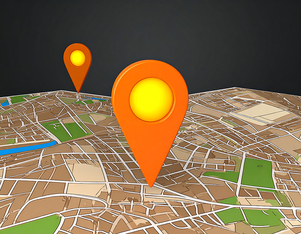 Two orange map markers on city map